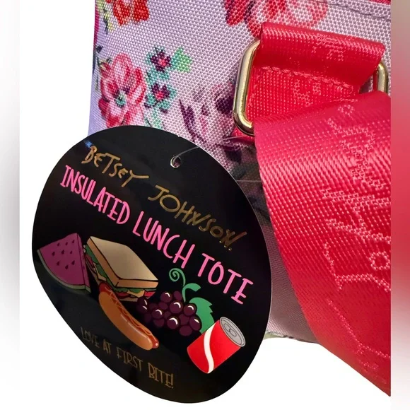 Betsey Johnson NWT Floral Pink Red & Purple Insulated Crossbody Lunch Bag (P170) - Picture 7 of 9